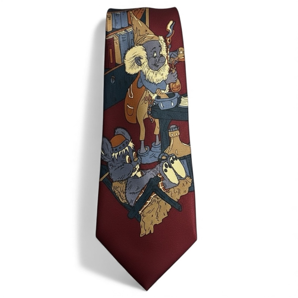 Unique Vintage Men's Novelty Tie with Cartoon Design - Wine Red